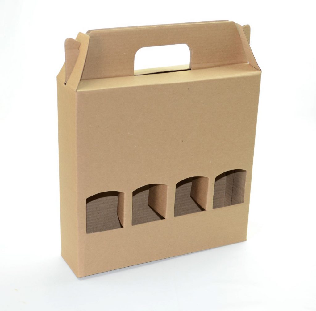 Embalagem em papel kraft no formato de maleta com suporte para quatro garrafas de bebidas - dicas de embalagens para vinho